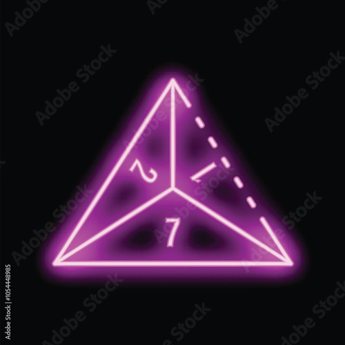 Pink neon sign of a twenty sided die showing the number seven glowing on a black background