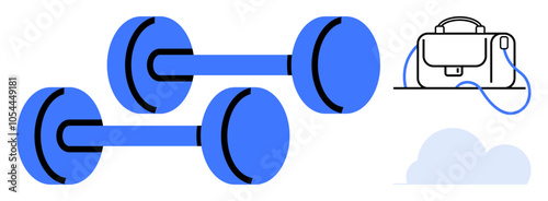 Two blue dumbbells next to a briefcase and clouds. Ideal for work-life balance, fitness, gym promotions, office wellness programs, personal trainers, corporate wellness, and motivational graphics