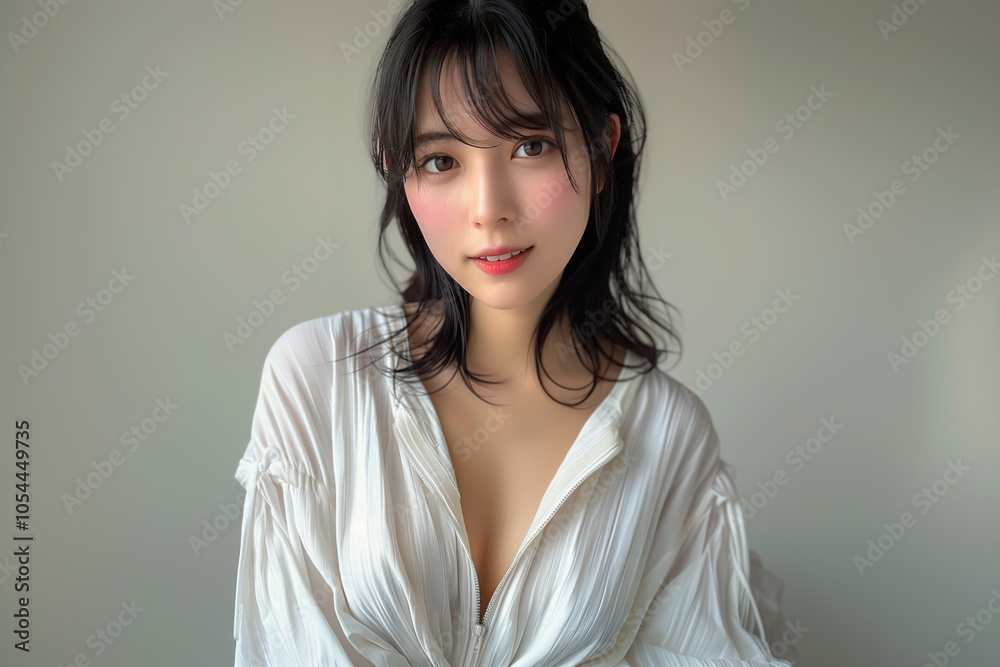 白トップスで魅せる透明感あふれる女性