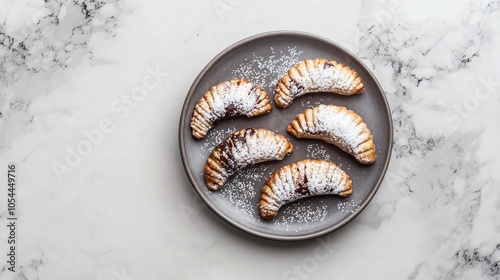 Sweet coconut and chocolate-filled empanadas, arranged on a gray ceramic plate, isolated on a marble background, with powdered sugar and coconut flakes photo