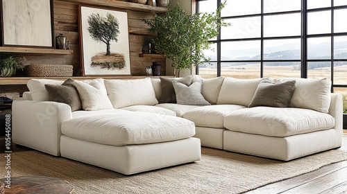 A large white sectional sofa with a chaise lounge, arranged in an L-shape, sits in a modern living room. The sofa is positioned in front of a large window with views of a mountain range.