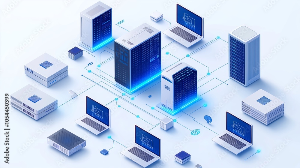 High-tech network infrastructure connecting digital devices and servers in a futuristic data center for enhanced connectivity and cloud solutions, Generative AI High-tech network infrastructure connecting digital devices and servers in a futuristic data center for enhanced connectivity and cloud solutions, Generative AI