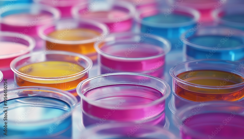 Bacterial colonies thrive in Petri dishes on agar gel. A close-up view of the scientific process. Bacterial colonies thrive in Petri dishes on agar gel. A close-up view of the scientific process.