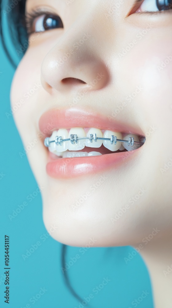 Fototapeta premium 青い背景に歯列矯正器具を装着した日本人女性の歯のケアルーチン
