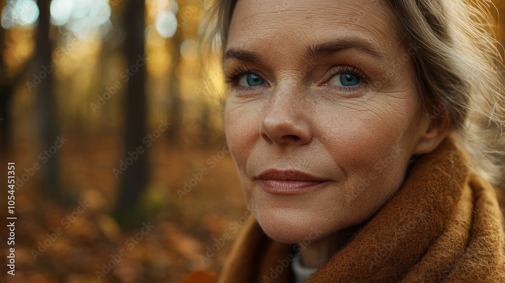 Close-up portrait of a mature woman with bright blue eyes, wearing a wool coat, standing in a forest during autumn, making direct eye contact Close-up portrait of a mature woman with bright blue eyes, wearing a wool coat, standing in a forest during autumn, making direct eye contact