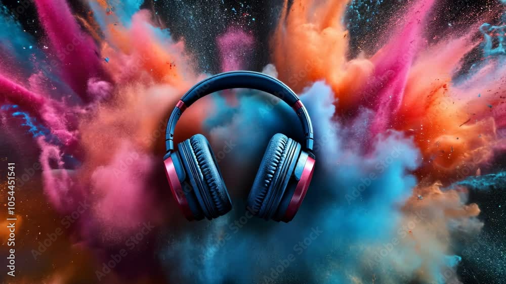 Blue headphones sit against a colorful, abstract background Blue headphones sit against a colorful, abstract background