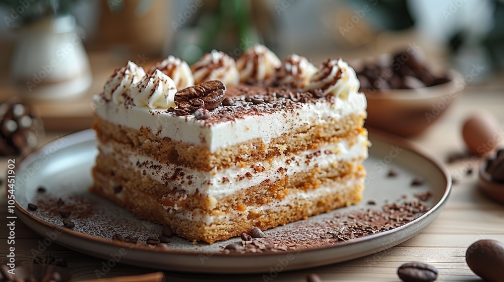 Tiramisu Cake with Coffee Beans and Cocoa Powder Tiramisu Cake with Coffee Beans and Cocoa Powder