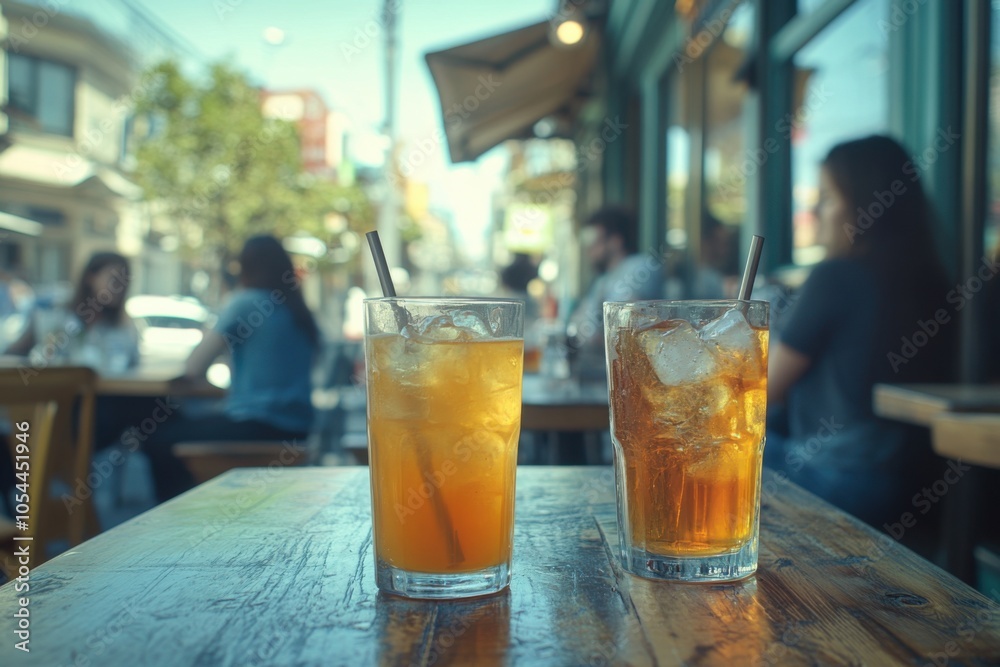 Two glasses of iced tea on a table, outdoor cafe Two glasses of iced tea on a table, outdoor cafe
