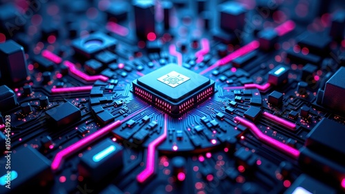 Processor with futuristic neon light closeup 