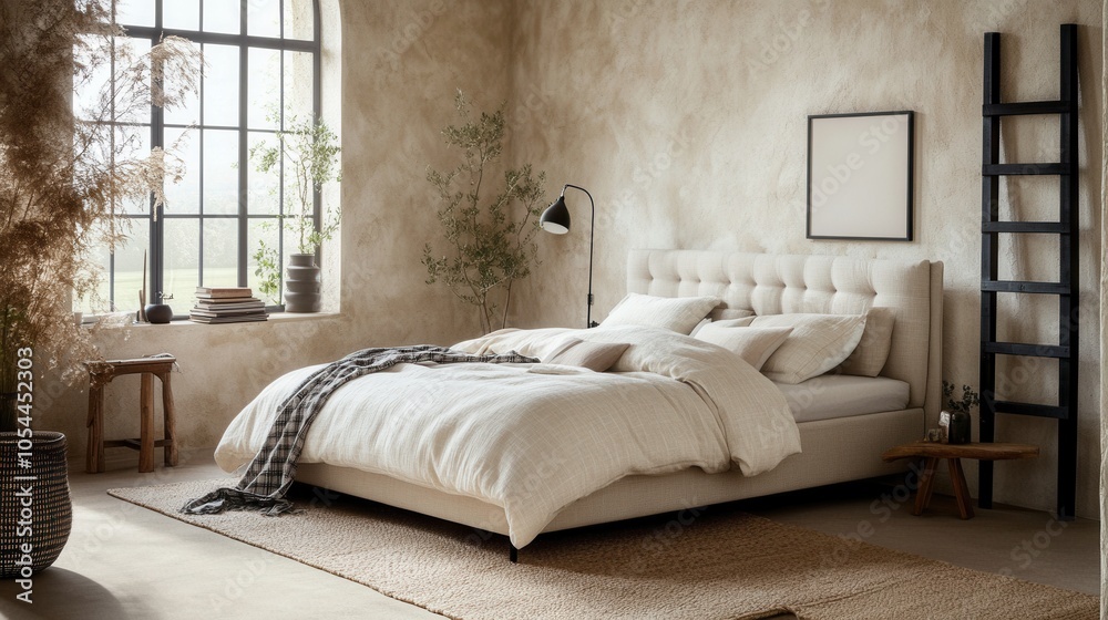 Obraz premium エレガントなモックアップポスターフレームを使用した居心地の良いベッドルームのインテリアデザイン