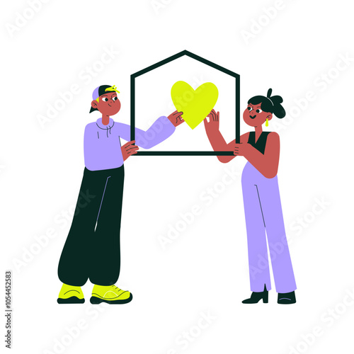 Couple love holding heart symbol inside house frame, representing home of love, togetherness, family, unity, caring relationships, and a loving home in flat vector illustration.