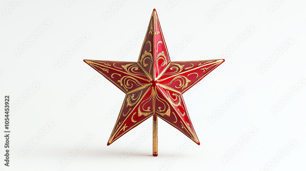 Classic fivepoint star tree topper in red and gold, placed on a plain white background, isolated Classic fivepoint star tree topper in red and gold, placed on a plain white background, isolated