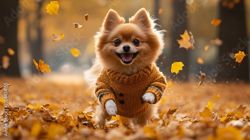 Little dog in autumn leaves