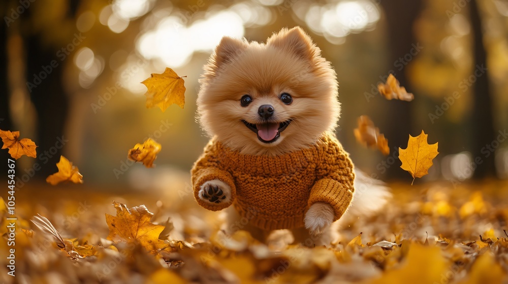 pomeranian spitz in autumn leaves pomeranian spitz in autumn leaves