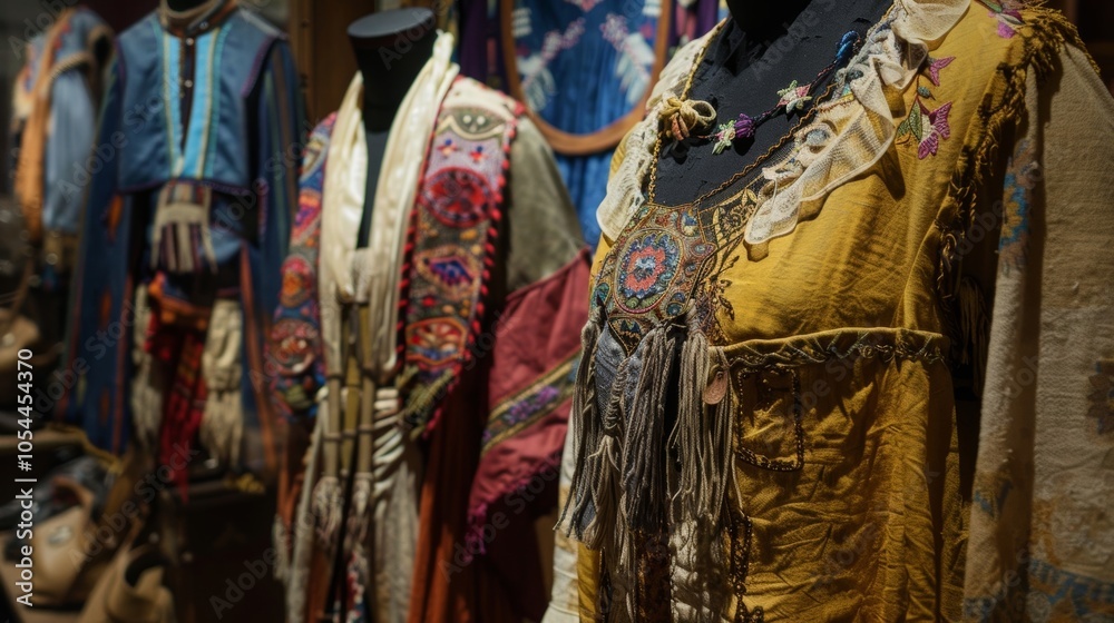 Fototapeta premium Several mannequins are wearing colorful traditional slavic clothing with embroidery and intricate beading. The clothing is beautifully crafted and displays the rich history of slavic culture