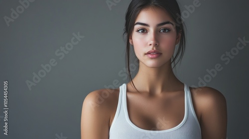 Beautiful woman in white T-shirt Female breast dark background
