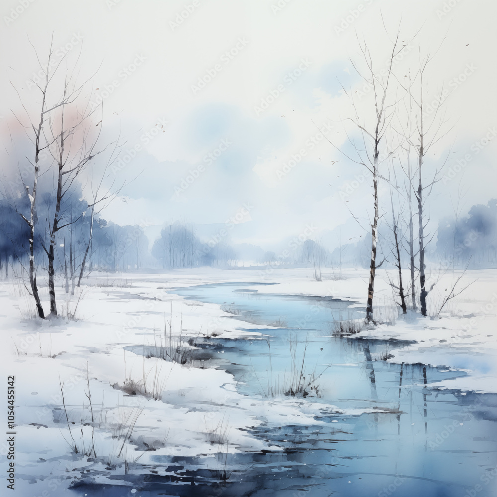 snowy winter landscape with icy river and fallen trees, nature in winter snowy winter landscape with icy river and fallen trees, nature in winter