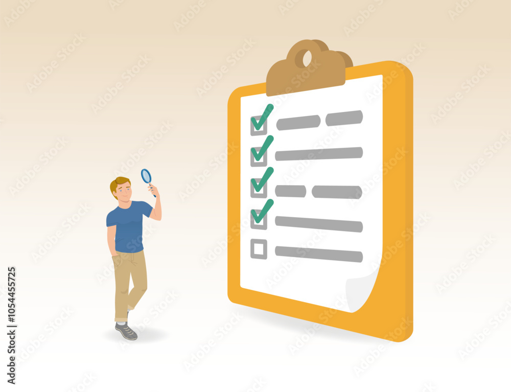 Search to find results, list with completed activities, conference on completed work, complete research, man with magnifying glass analyzing document Search to find results, list with completed activities, conference on completed work, complete research, man with magnifying glass analyzing document
