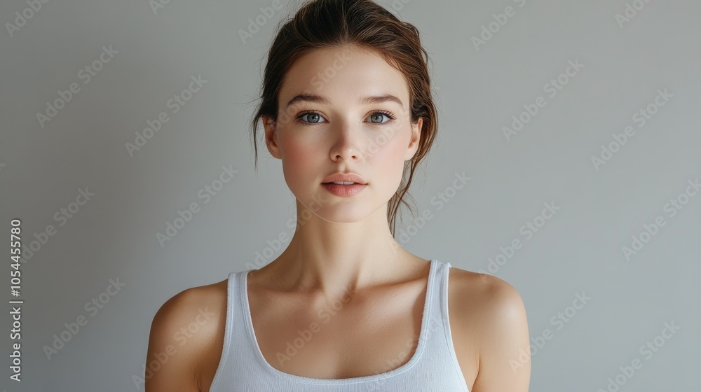 Beautiful woman in white T-shirt Female breast dark background Beautiful woman in white T-shirt Female breast dark background