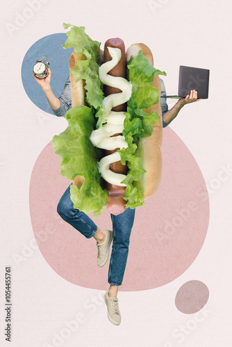 Creative trend collage of funny businesswoman hot dog eating dinner working process freak bizarre unusual fantasy photo