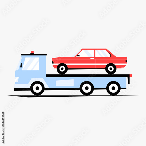 Tow truck with red car in flat vector illustration symbolizing roadside assistance, vehicle towing, and transportation service, isolated on white background.