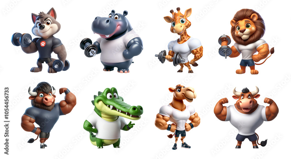 Fototapeta premium A group of cartoon 3d animals are posing for a fitness picture. Set of 3d cartoon animals training fitness.