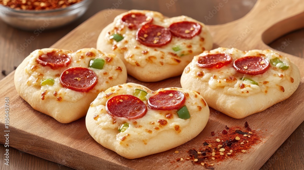 Heart-shaped mini pizzas with pepperoni and green peppers on a wooden board, perfect for a fun and festive snack or party food. Heart-shaped mini pizzas with pepperoni and green peppers on a wooden board, perfect for a fun and festive snack or party food.