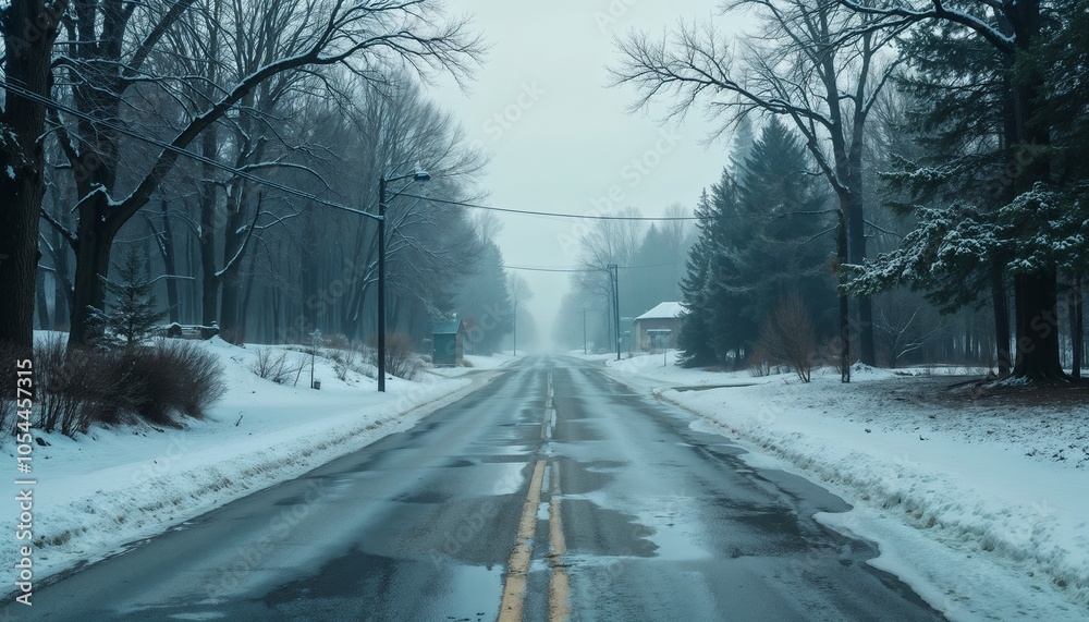 Lonely winter road surrounded by bare trees and a misty atmosphere Lonely winter road surrounded by bare trees and a misty atmosphere