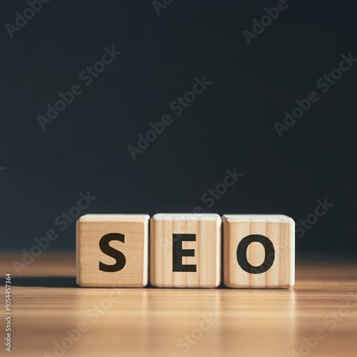 Wooden blocks spelling "SEO" , symbolizing digital marketing, search engine optimization, website ranking, online presence, content strategy, and internet traffic for business growth.