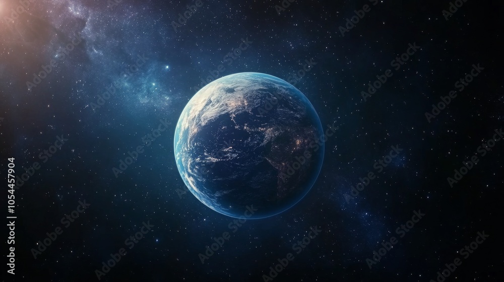 View of Earth from space with vibrant colors and sparkling stars during a clear cosmic night View of Earth from space with vibrant colors and sparkling stars during a clear cosmic night