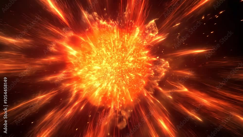 A glowing orange and red explosion radiates outward in the vast darkness of space