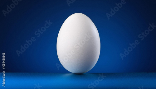 Front view of single fresh white chicken egg is isolated on a dark blue background. ai generated