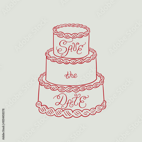 Wedding cake with lettering quote save the date. Vector illustration in retro sketch style. Holiday vintage clipart for greeting cards and invitations