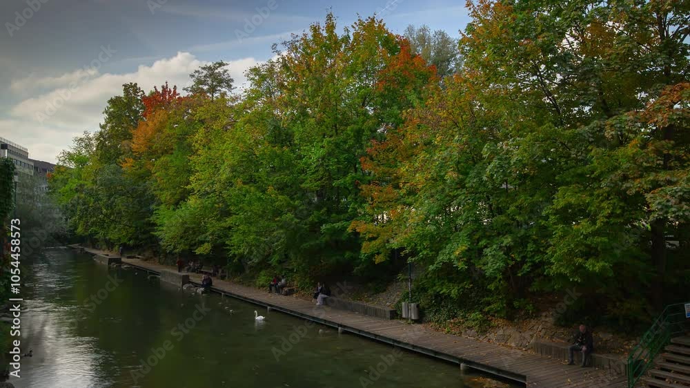 sunny day zurich city center riverside park place bridge view panorama 4k timelapse switzerland sunny day zurich city center riverside park place bridge view panorama 4k timelapse switzerland