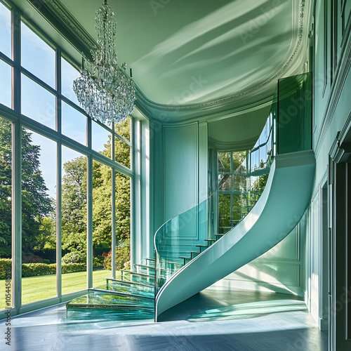 escalier transparent design dans une maison de luxe avec vue sur le jardin - IA Generative