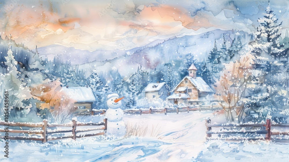 a cute and adorable snowman in the distance with a snowy village background a cute and adorable snowman in the distance with a snowy village background
