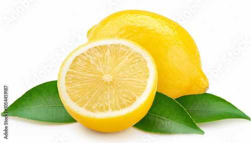 Whole fresh beautiful yellow lemons with half and leaves is isolated on white background with clipping path. ai generated