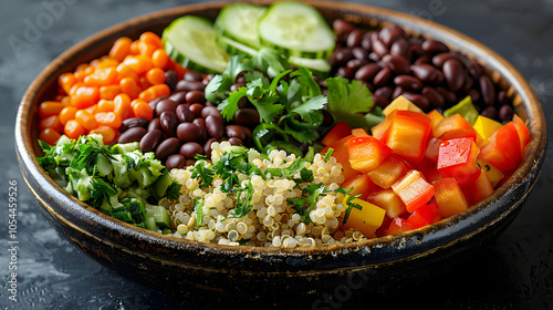 aerial perspective of a nourishing quinoa bowl on dark background highlighted by white, photo, png