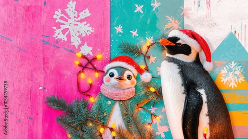 Adorable penguins in Santa hats with Christmas lights on vibrant pink and teal holiday background

