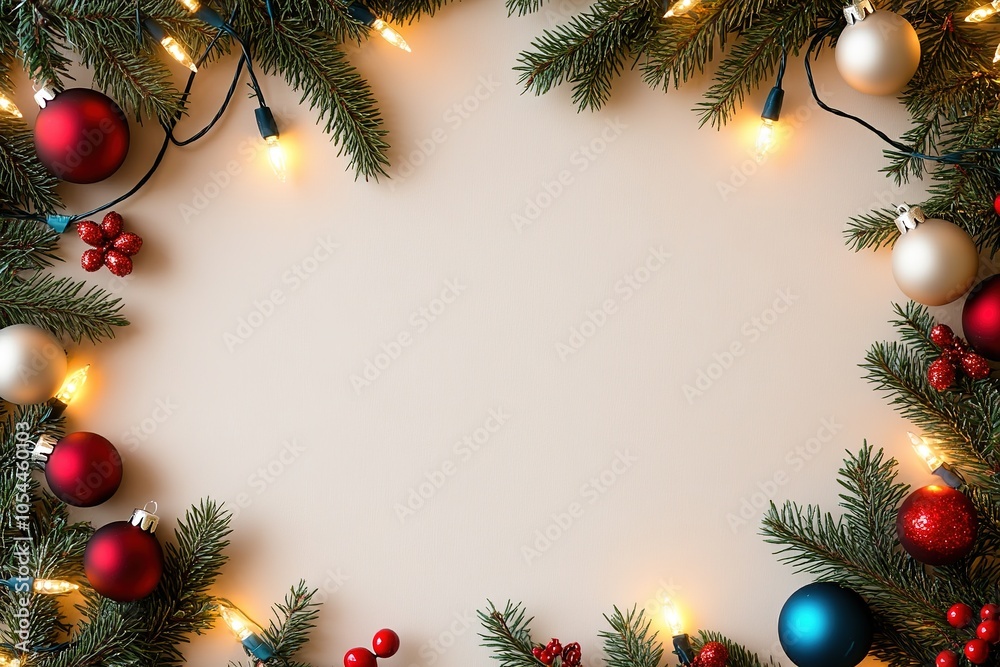 Festive Christmas frame with lights and ornaments Festive Christmas frame with lights and ornaments