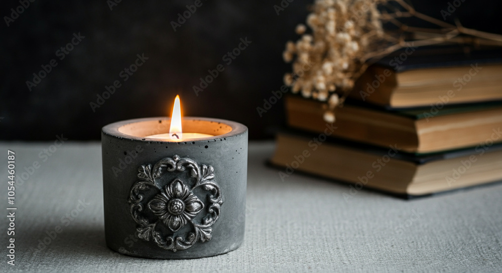 Candle decor creating a cozy home ambiance with warm light and rustic style next to stacked books Candle decor creating a cozy home ambiance with warm light and rustic style next to stacked books