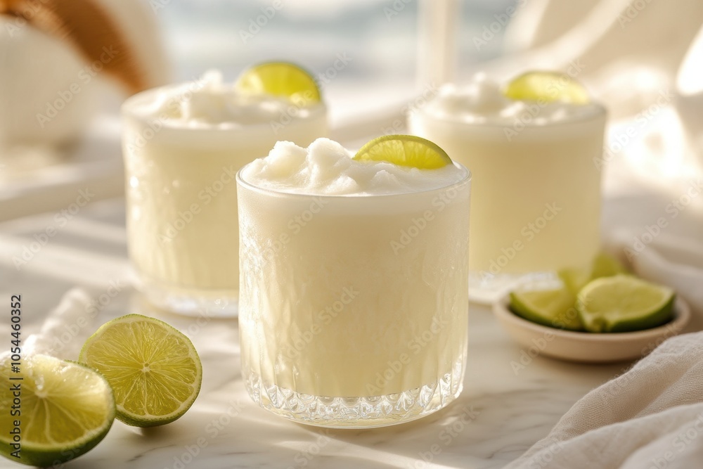 table setting ideas, brazilian lemonade served in elegant glasses atop a white marble table, alongside linen napkins and lime wedges, set against a minimalist backdrop table setting ideas, brazilian lemonade served in elegant glasses atop a white marble table, alongside linen napkins and lime wedges, set against a minimalist backdrop
