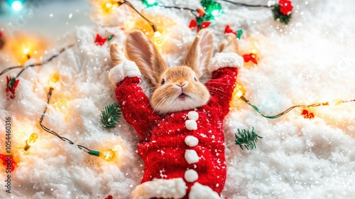 Cute bunny in Santa sweater relaxing on snow with holiday lights and decorations, Christmas joy

