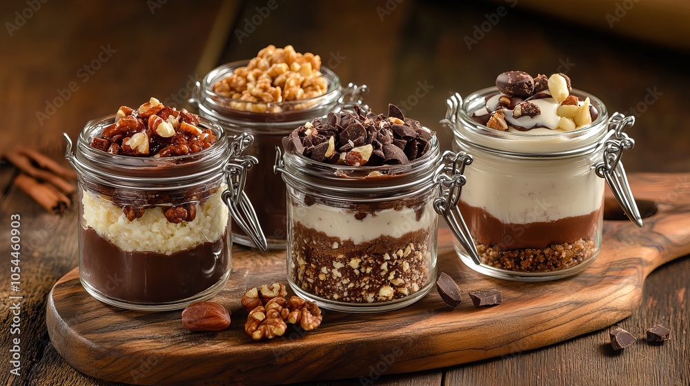 Tempting dessert in see-through jars on a wooden board, topped with chocolate and nuts. Tempting dessert in see-through jars on a wooden board, topped with chocolate and nuts.