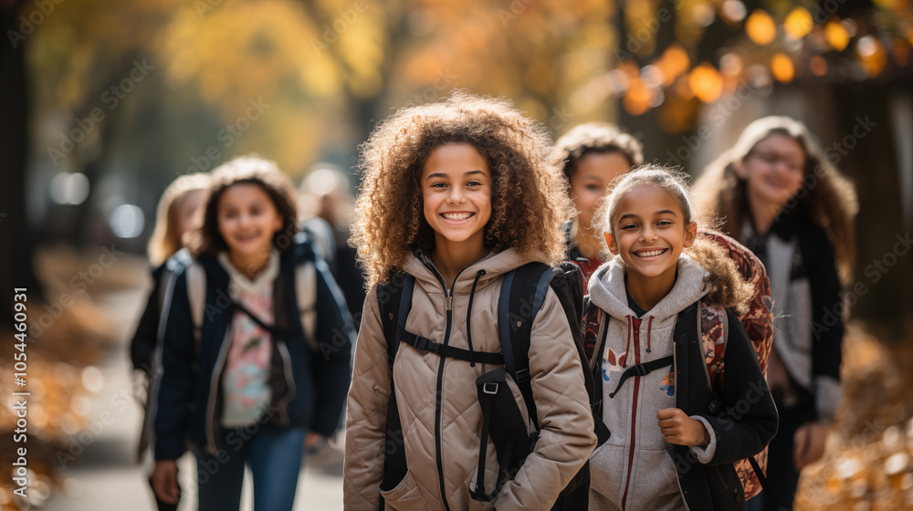Happy friends students are going to school, concept of education