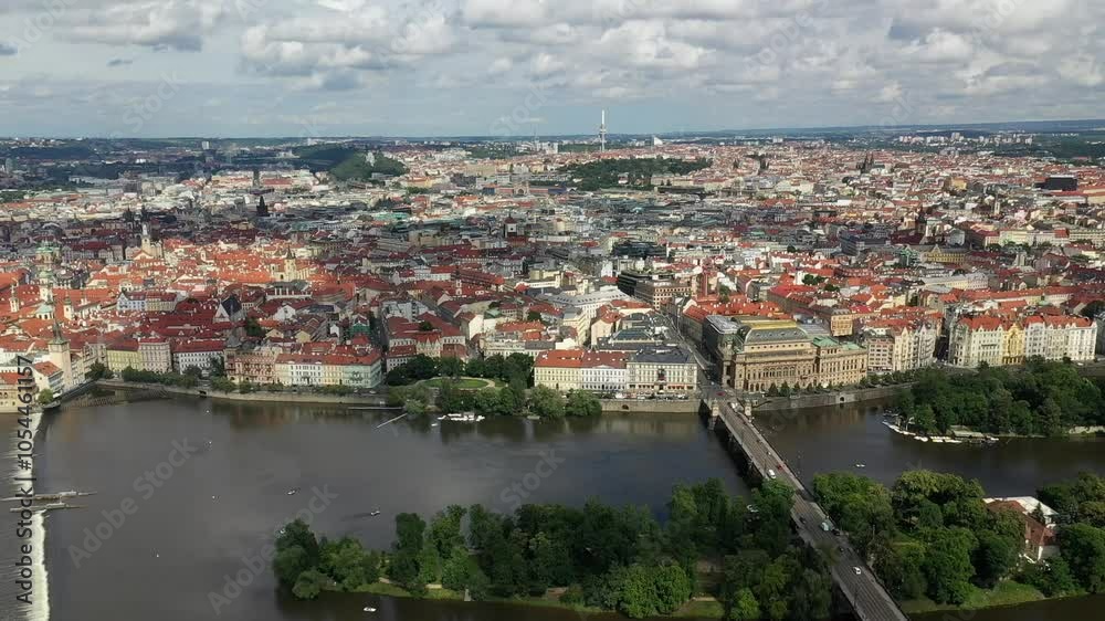Prague Old Town in Czech Republic with Famous Sightseeing Places in Background. Charles Bridge Iconic 14th century Structure with View, Vltava river and Prague Cityscape. Must Visit City. Drone Prague Old Town in Czech Republic with Famous Sightseeing Places in Background. Charles Bridge Iconic 14th century Structure with View, Vltava river and Prague Cityscape. Must Visit City. Drone
