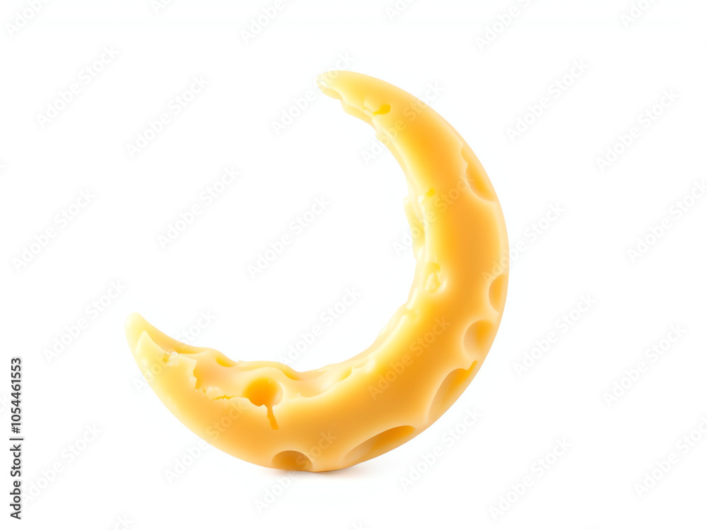 whimsical crescent-shaped cheese piece on a white background, showcasing holes and a playful design whimsical crescent-shaped cheese piece on a white background, showcasing holes and a playful design