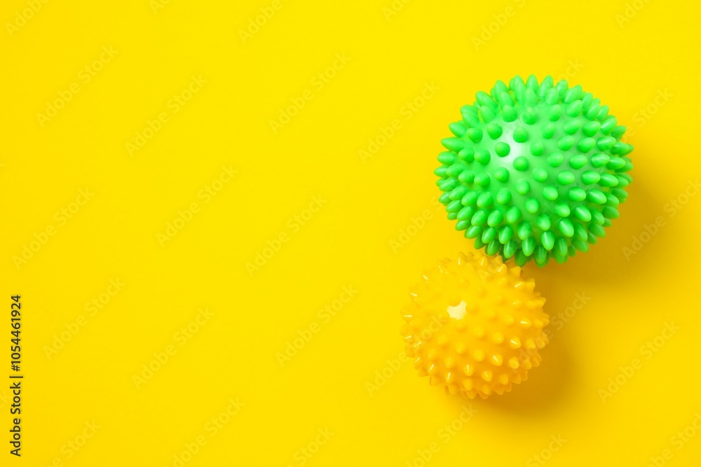 Colored rubber massage ball with spikes on a colored background. Ball for recovery and rehabilitation or for relaxation and massage. Fitness equipment. Myofascial release concept Colored rubber massage ball with spikes on a colored background. Ball for recovery and rehabilitation or for relaxation and massage. Fitness equipment. Myofascial release concept