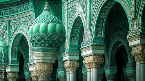 The Nabawi Mosque in Al Madinah, Saudi Arabia, features a striking green dome and arches decorated with intricate Moorish patterns. photo