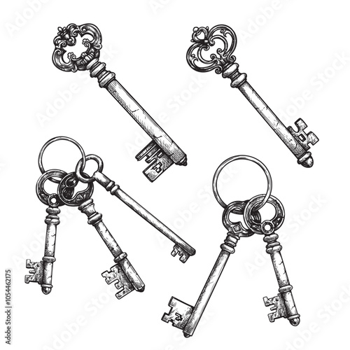Hand drawn vintage retro keys set. Sketch style, engraved ancient keys with ornaments. Vector illustrations collection.